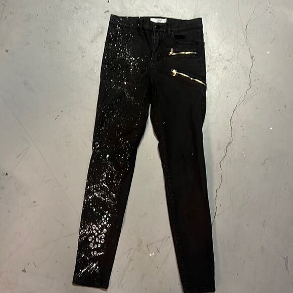 Custom DYNDNM Kate Upcycled Size 27 Black + White Paint Splatter Motto Jeggings - Picture 2 of 8